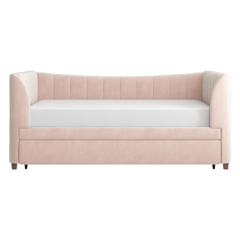 Little Seeds Valentina Upholstered Twin Daybed with Trundle in Pink Velvet