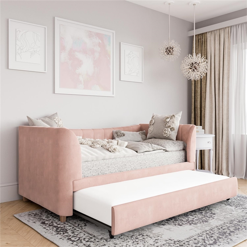 Little Seeds Valentina Upholstered Twin Daybed with Trundle in Pink Velvet
