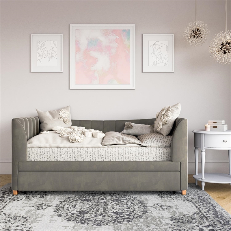 Little Seeds Valentina Upholstered Twin Daybed with Trundle in Gray Velvet