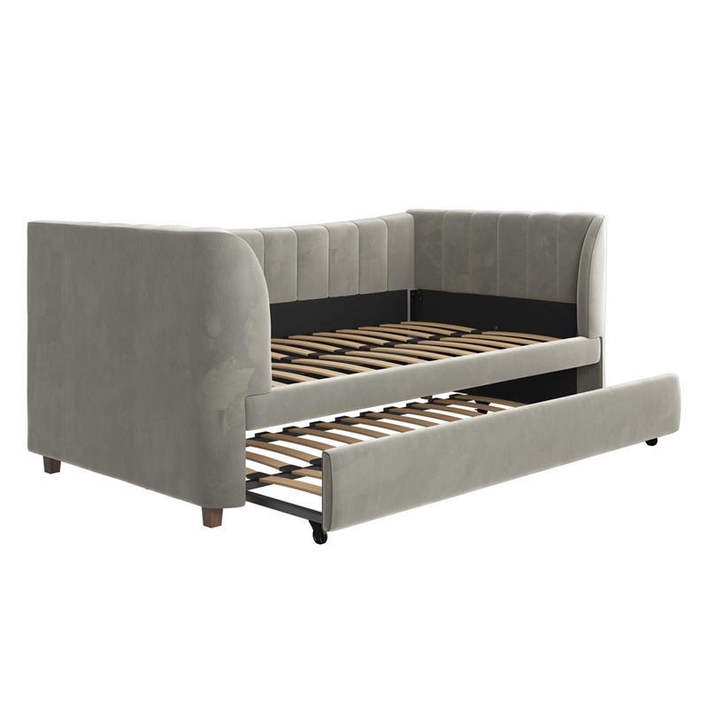 Little Seeds Valentina Upholstered Twin Daybed with Trundle in Gray Velvet Cymax Business