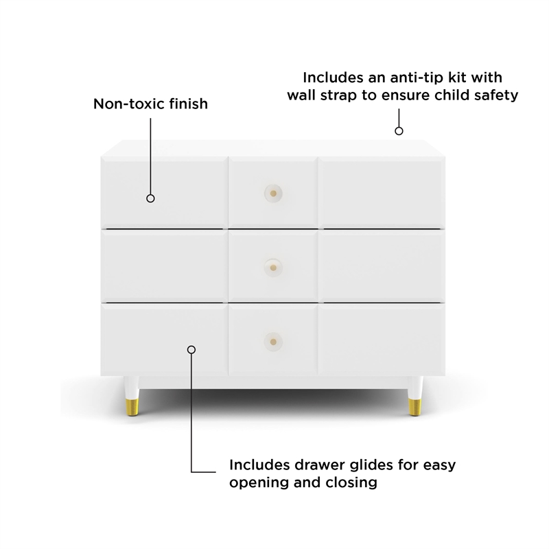 Little Seeds Aviary 3-Drawer Dresser with Gold Hardware in White