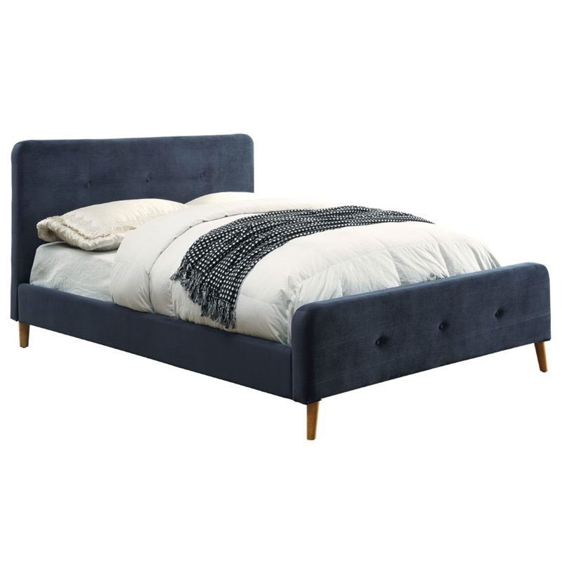Maklaine Queen Tufted Flannelette Platform Bed in Navy Blue MK1445782