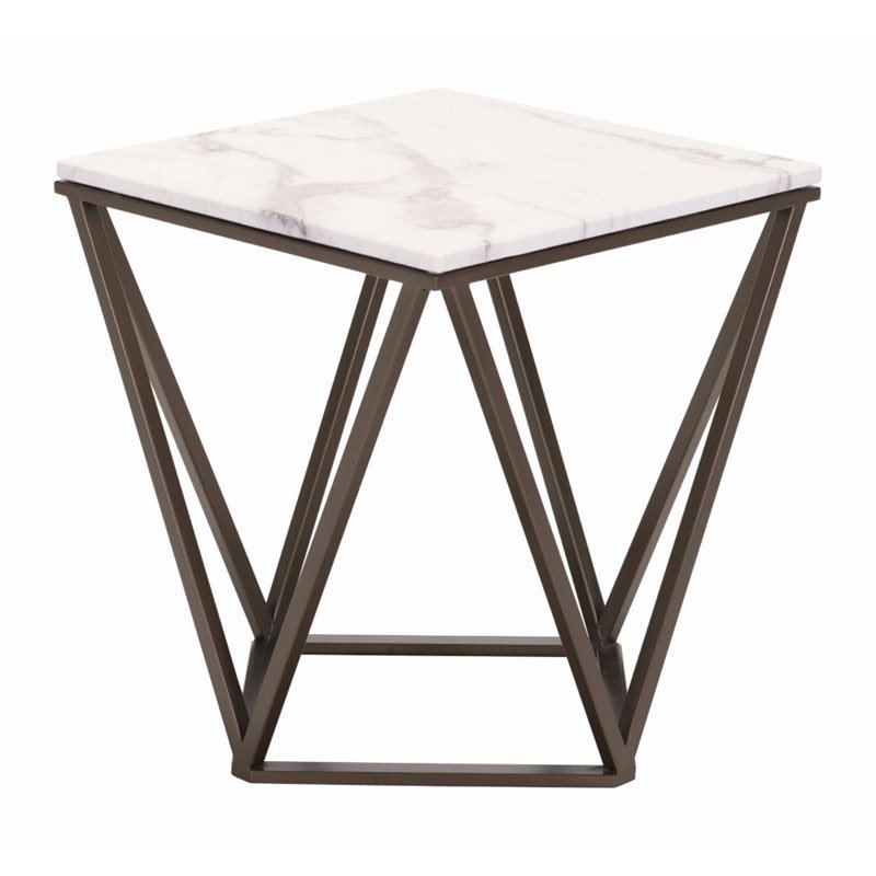 Maklaine Faux Marble Top End Table in Stone and Antique Brass MK1578344