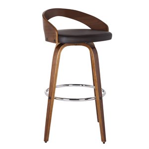 Maklaine 26&quot Modern Faux Leather & Wood Counter Stool in Brown/Walnut