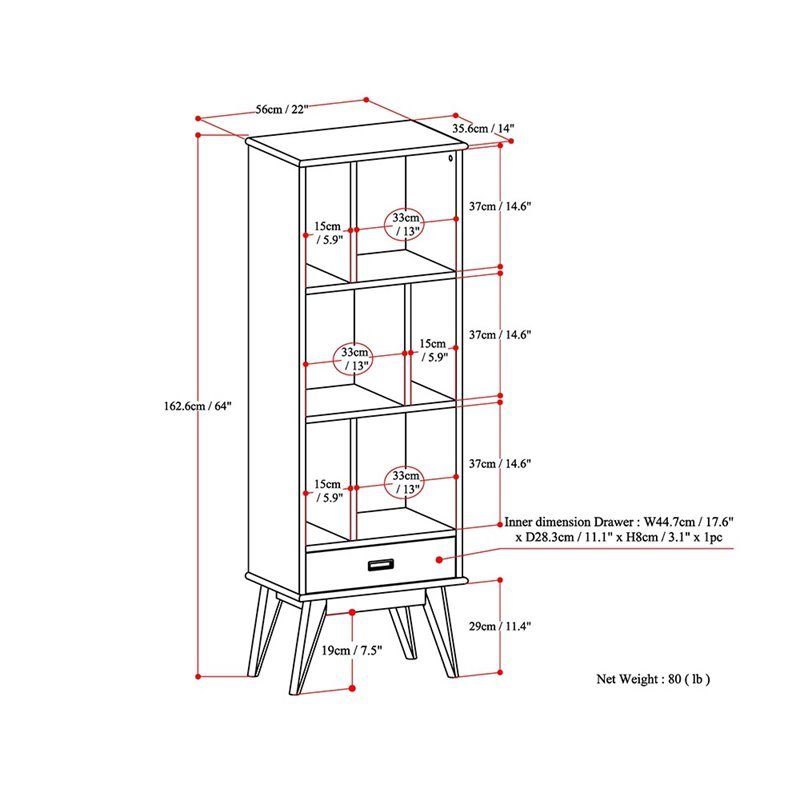 Maklaine 6 Shelf Bookcase in Medium Auburn Brown