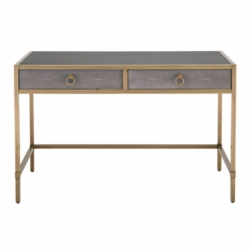 Maklaine Faux Shagreen Writing Desk in Gray and Brushed Gold