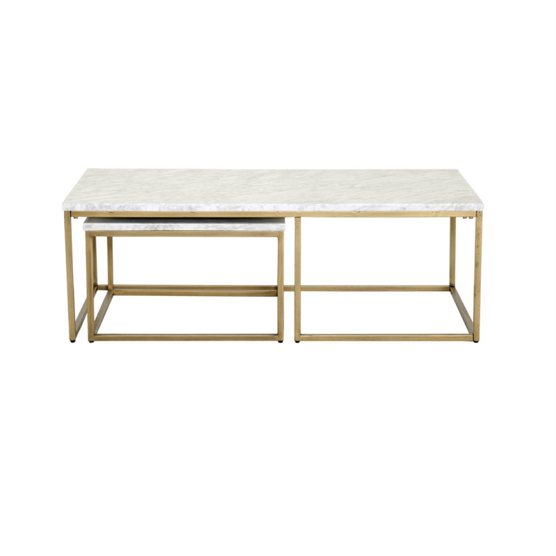 Maklaine 2 Piece Marble Top Nesting Coffee Table in White and Gold