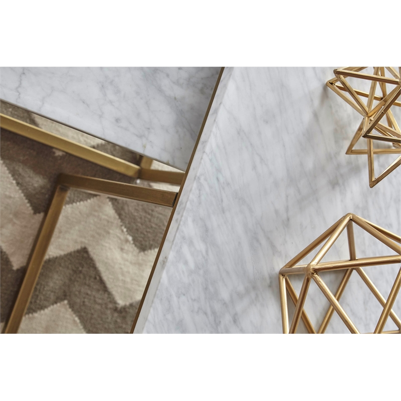 Maklaine 2 Piece Marble Top Nesting Coffee Table in White and Gold
