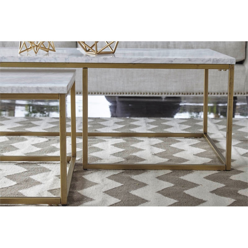 Maklaine 2 Piece Marble Top Nesting Coffee Table in White and Gold