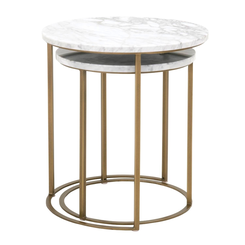 Maklaine Marble Top Nesting Table Set in White and Brushed Gold Cymax