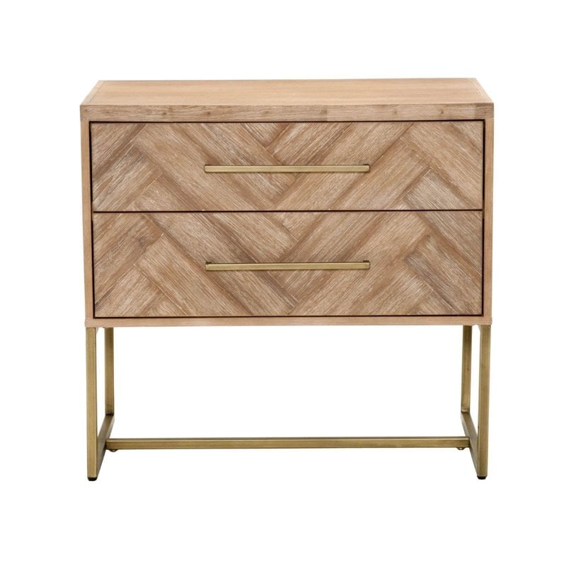 Maklaine Nightstand With Two Storage Drawer In Stone Wash And Brushed Gold Acacia Veneer And Metal Transitional Style And Herringbone Pattern No Assembly Required Mk 1854505