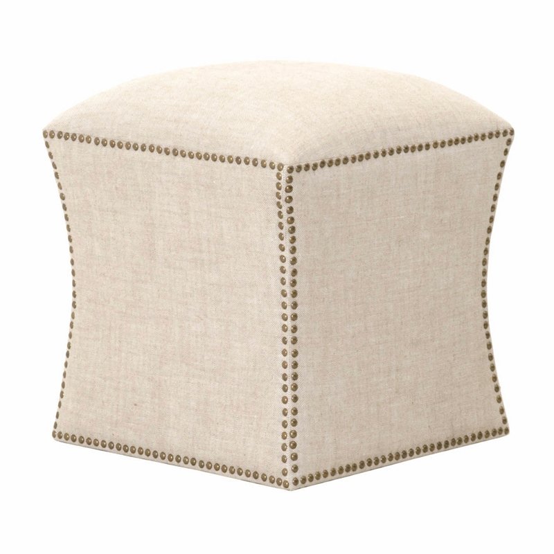 Maklaine French Linen Nailhead Ottoman in Bisque