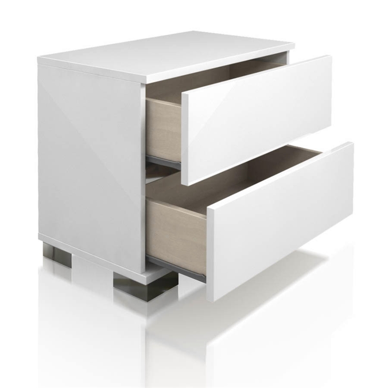 Maklaine Two Drawer Nightstand in White High Gloss and AntiRust Chrome
