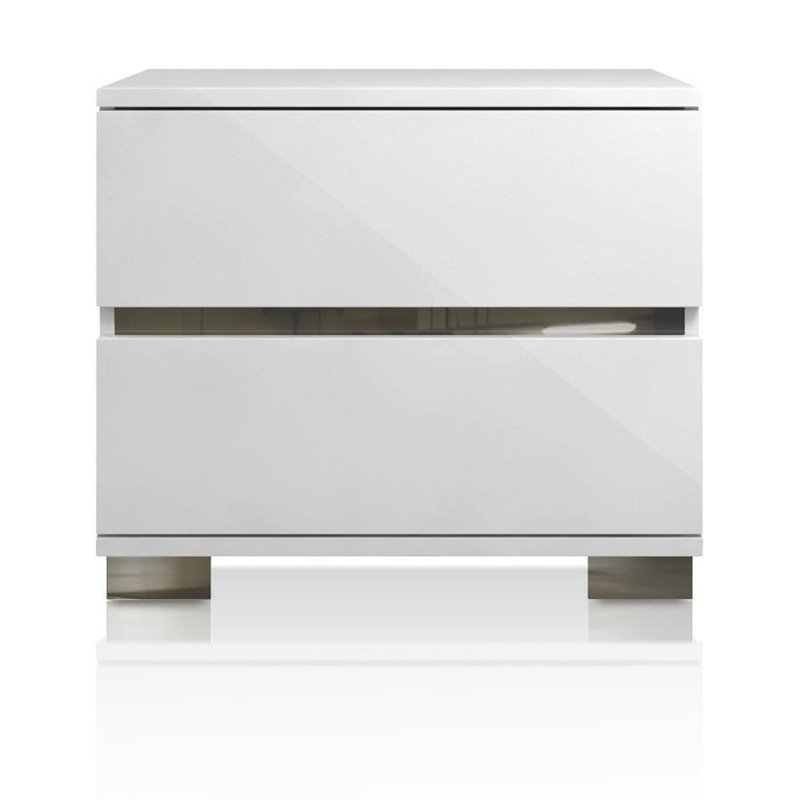 Maklaine Two Drawer Nightstand in White High Gloss and AntiRust Chrome