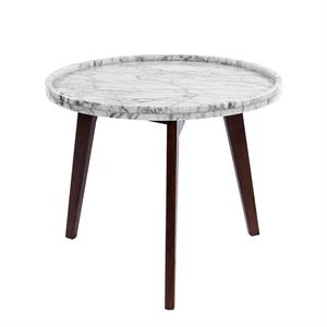 Maklaine 19&quot Marble Side Table in White and Walnut