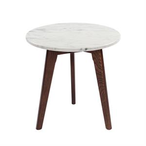 Maklaine 15&quot Round Marble Top End Table in White and Walnut