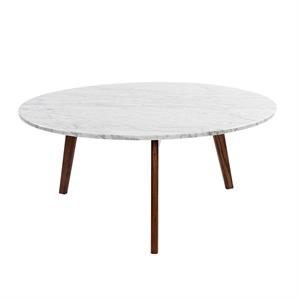 Maklaine 31&quot Round Marble Top Coffee Table in White and Walnut