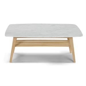 Maklaine 43&quot Italian Marble Top Coffee Table in White and Oak