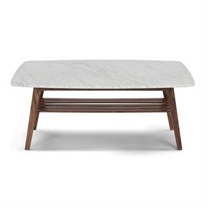 Maklaine 43&quot Italian Marble Coffee Table in White and Walnut
