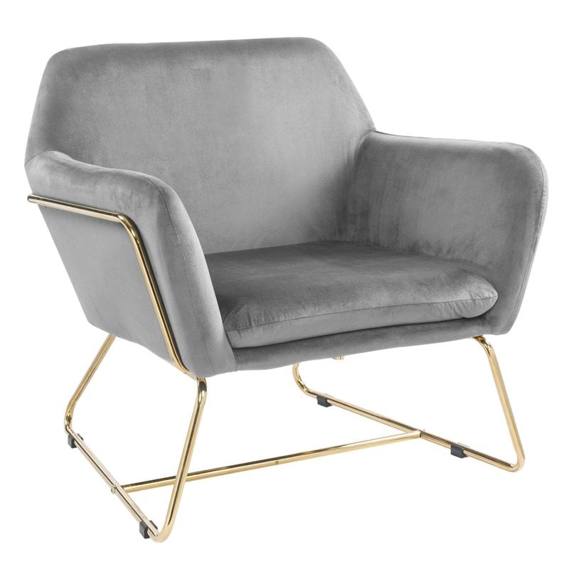 Maklaine Velvet Accent Arm Chair with Metal Base in Gray