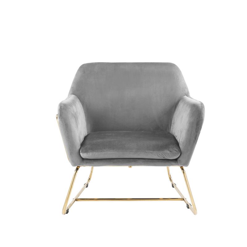 Maklaine Velvet Accent Arm Chair with Metal Base in Gray