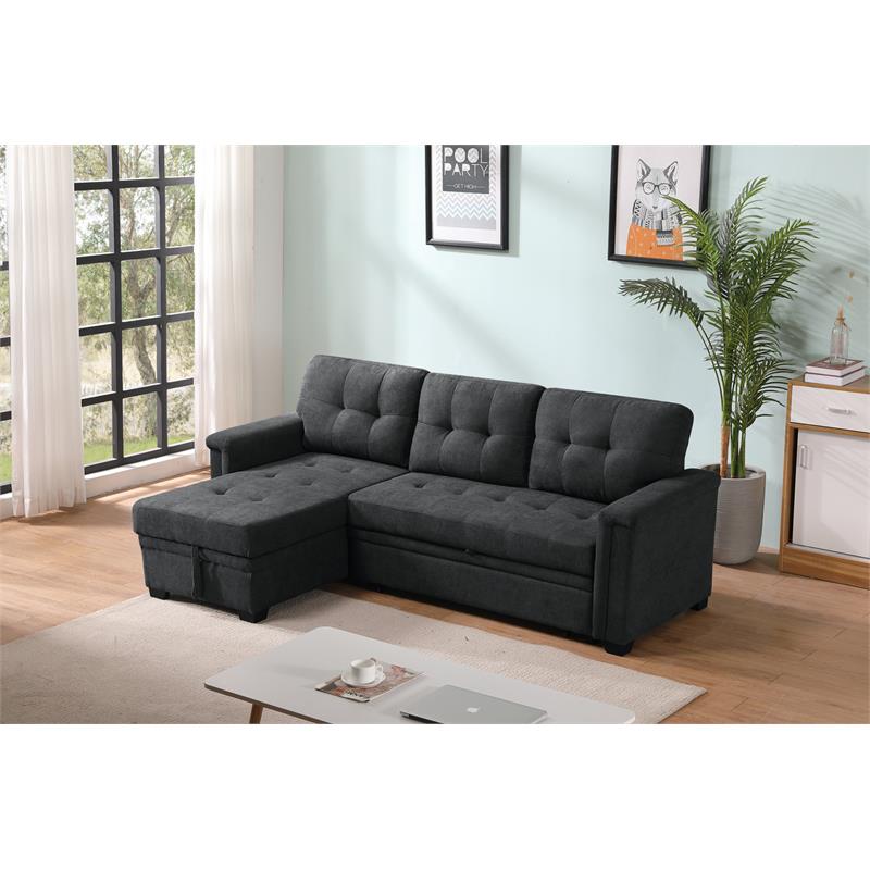Maklaine Fabric Sleeper Sectional Chaise in Dark Gray