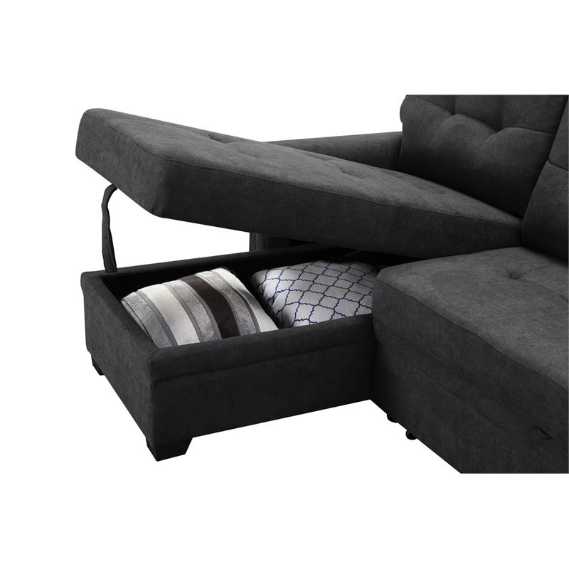 Maklaine Fabric Sleeper Sectional Chaise in Dark Gray