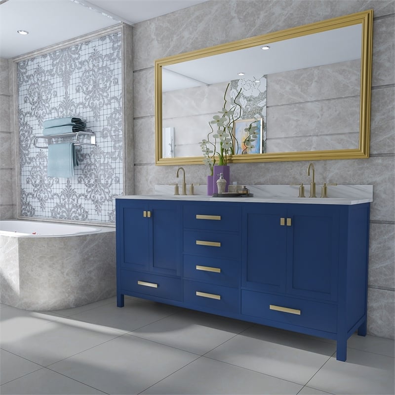 Maklaine Birch Hardwood Blue Double Vanity Rectangular 72
