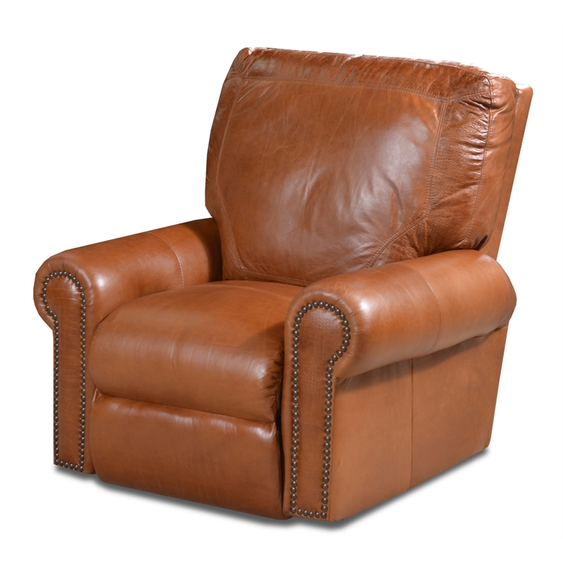 Maklaine American Made Nailhead Trim Leather Power Recliner in Caramel