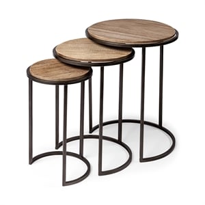 Maklaine Round Top Wood & Iron Nesting Tables in Brown (Set of 3)