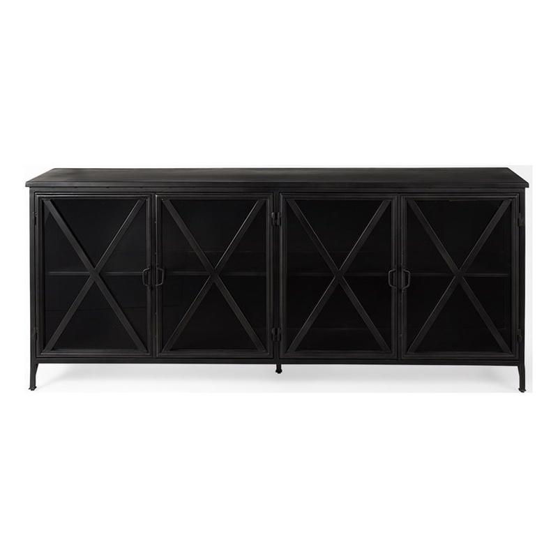 Maklaine Polished Metal Black Sideboard Rectangular Glass-Lined Doors 79