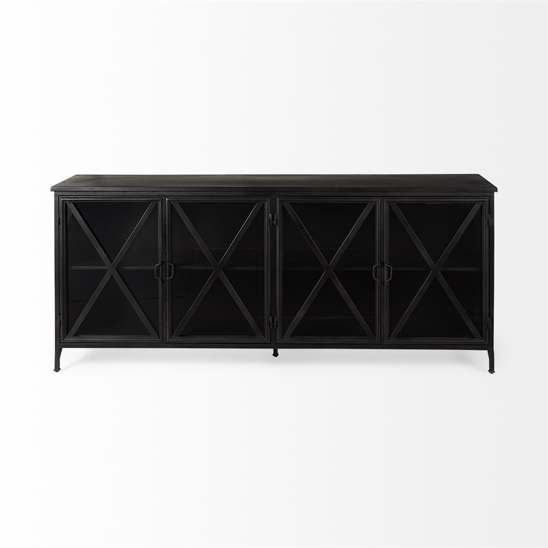 Maklaine Polished Metal Black Sideboard Rectangular Glass-Lined Doors 79