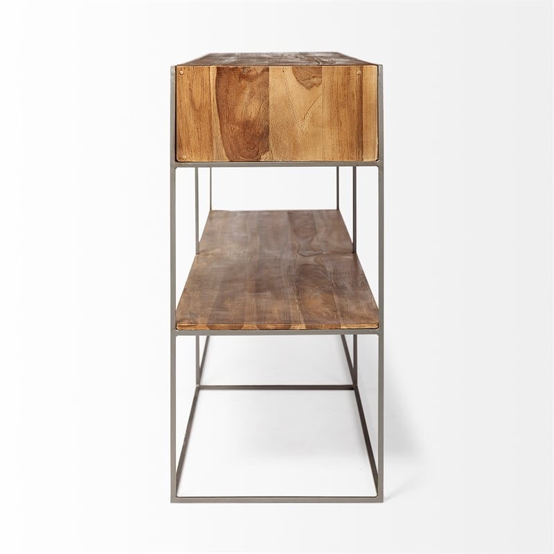 Maklaine Metal Frame 2 Drawer Sideboard in Brown and Silver