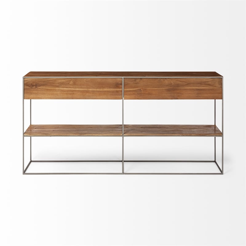 Maklaine Metal Frame 2 Drawer Sideboard in Brown and Silver