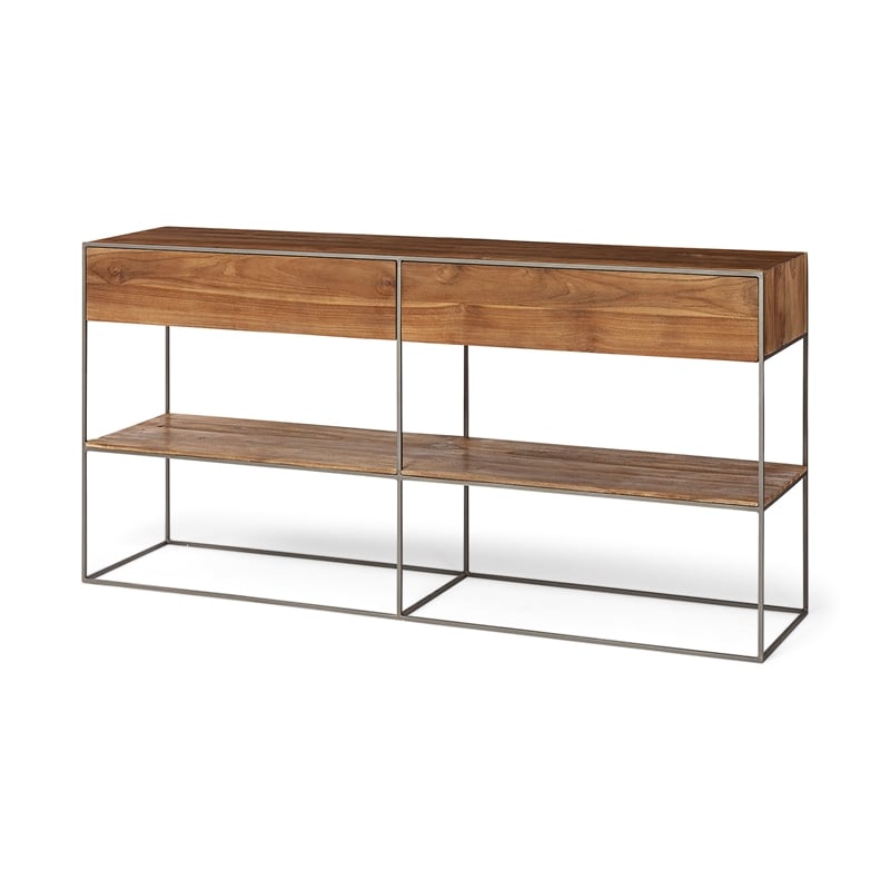 Maklaine Metal Frame 2 Drawer Sideboard in Brown and Silver