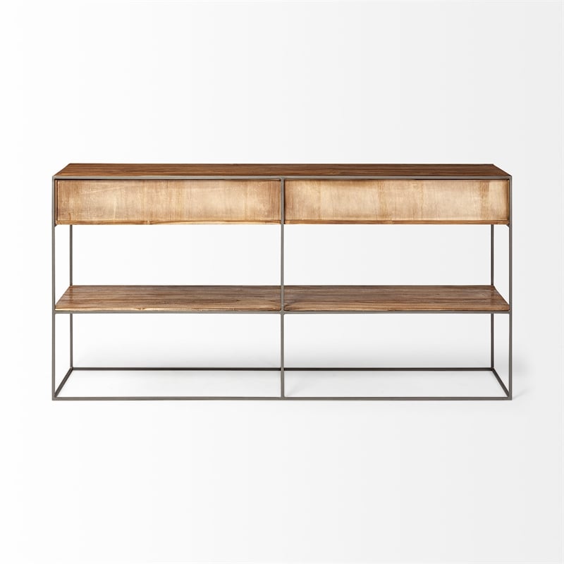 Maklaine Metal Frame 2 Drawer Sideboard in Brown and Silver