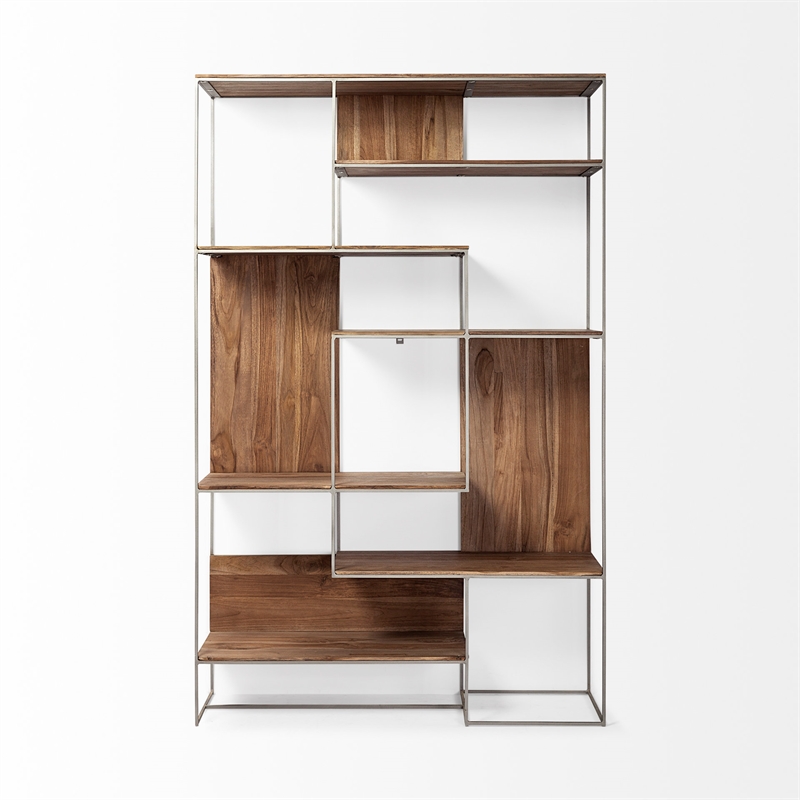 Maklaine Metal Frame 6 Shelf Shelving Unit in Brown and Silver