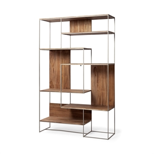 Maklaine Metal Frame 6 Shelf Shelving Unit in Brown and Silver