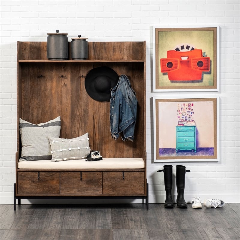 Maklaine Wood Seated Hall Tree with Storage in Brown