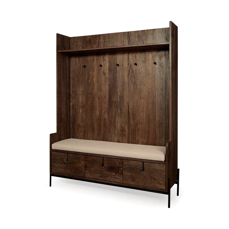 Maklaine Wood Seated Hall Tree with Storage in Brown