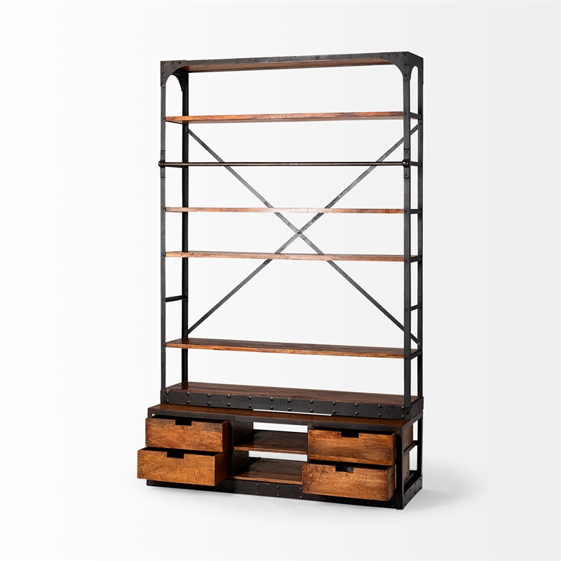 Maklaine Wood 6-Shelf Shelving Unit with Ladder in Medium Brown/Black