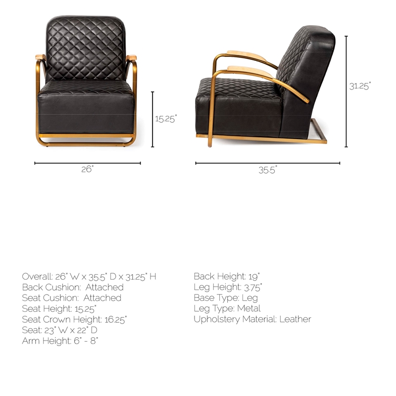 Maklaine Leather Diamond Pattern Accent Chair in Black and Gold