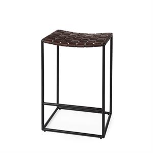 Maklaine 26&quot Seat Height Dark Brown Woven Leather with Black Iron Frame Stool