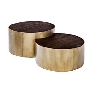 maklaine round brown solid wood top gold metal base nesting tables