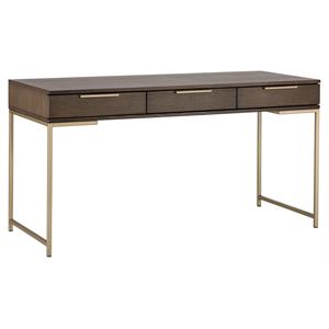 Maklaine 59&quot Contemporary Wood Desk with 3 Drawers in Brushed Gold and Brown