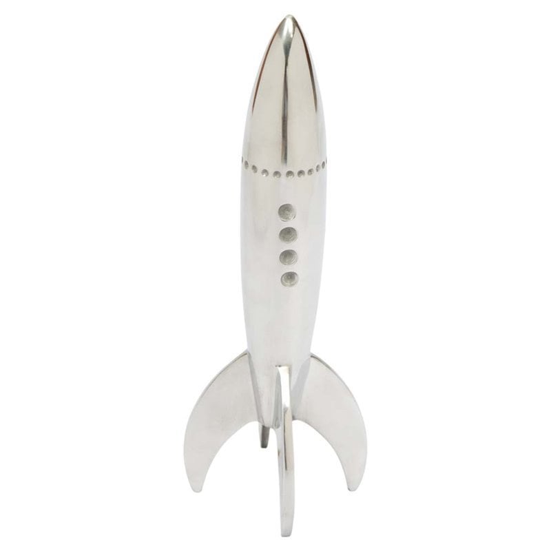 Maklaine Contemporary Retro Rocket Statue in Polished Silver