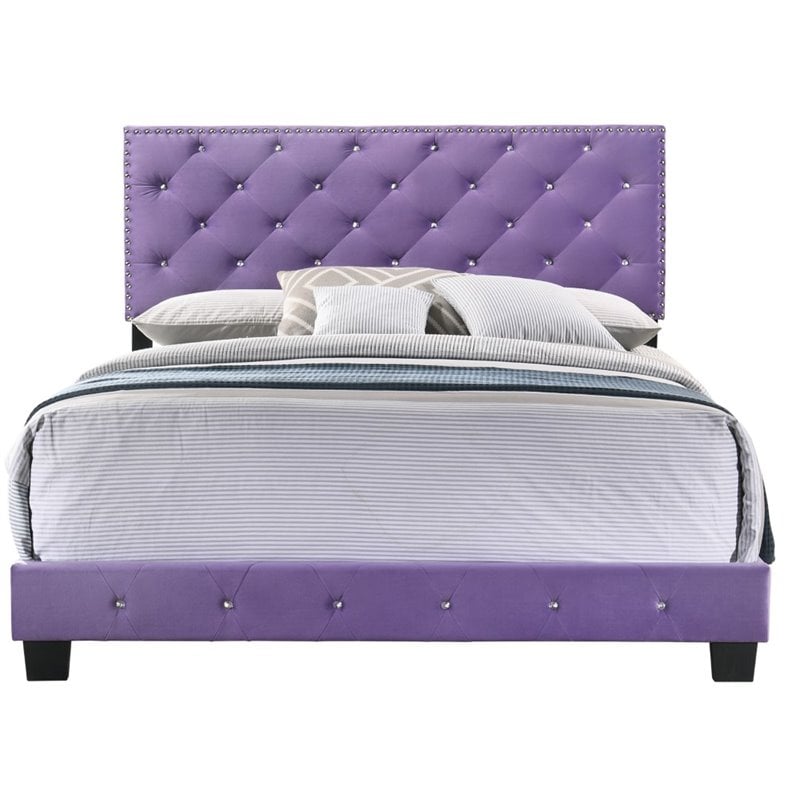 Maklaine Transitional Velvet Upholstered Full Bed with Faux Jewels in Purple