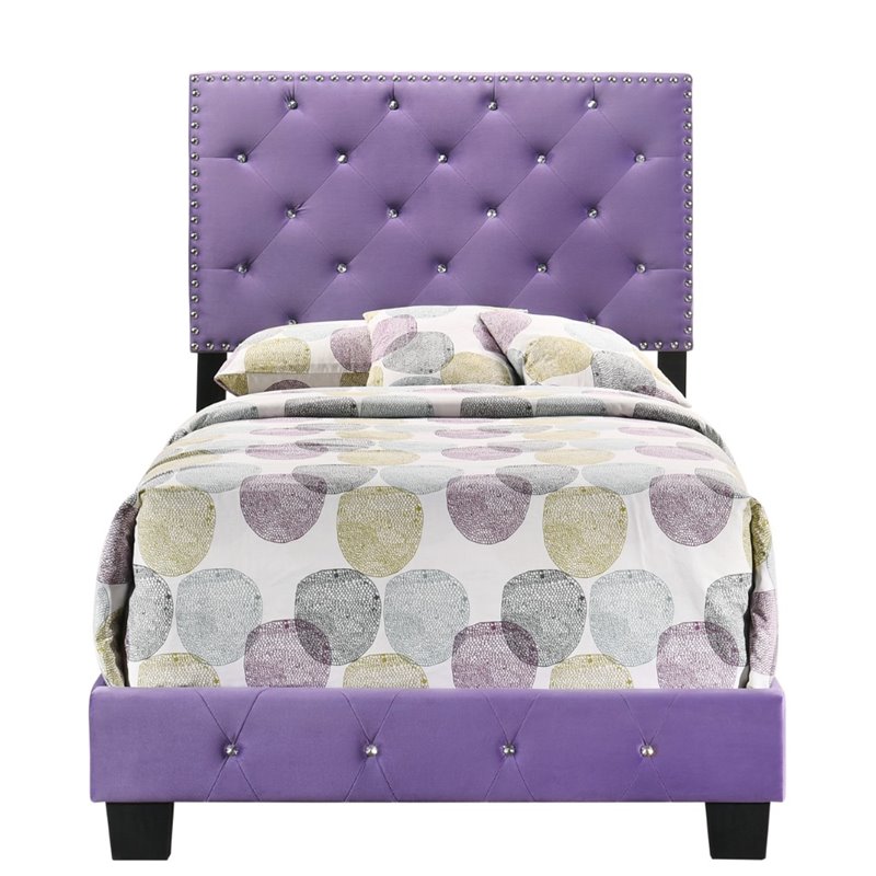 Maklaine Modern Velvet Upholstered Twin Bed with Faux Jewels in Purple
