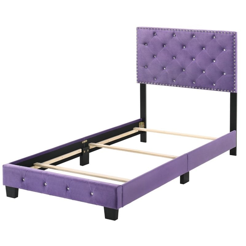 Maklaine Modern Velvet Upholstered Twin Bed with Faux Jewels in Purple