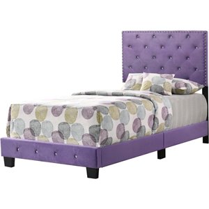 Maklaine Modern Velvet Upholstered Twin Bed with Faux Jewels in Purple